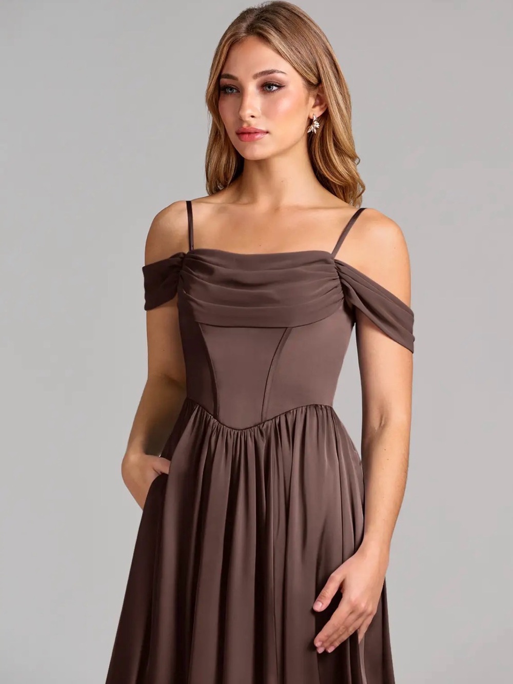 Azazie Raisa Off-the-Shoulder Evening Gown/Bridesmaids Dress in Ganache Size A6 - Picture 5 of 6